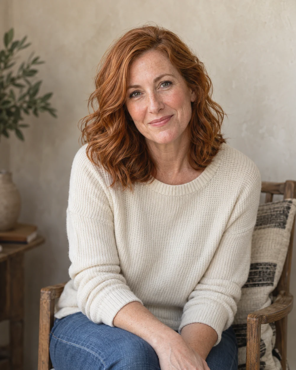 A woman with copper waves and freckles, smiling gently in natural daylight.