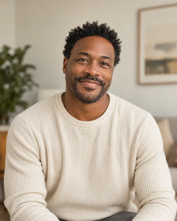 A man with a warm expression in a softly lit room.