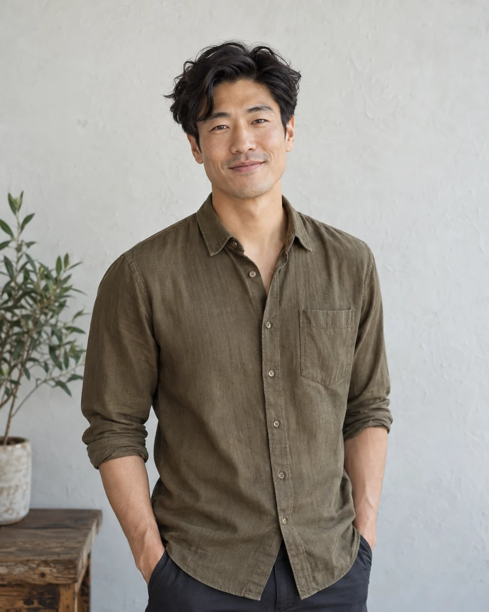 A man with dark swept hair and an open smile, in an olive shirt.