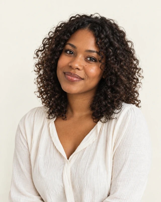 A woman with natural curls and a thoughtful expression in soft daylight.