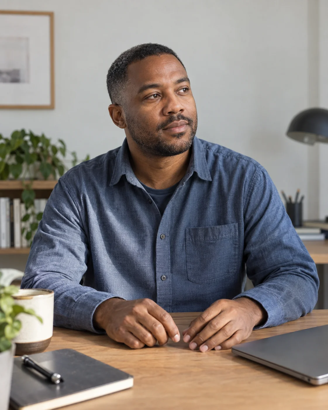 A man in a blue shirt pauses beside a closed laptop, looking thoughtfully toward the light.
