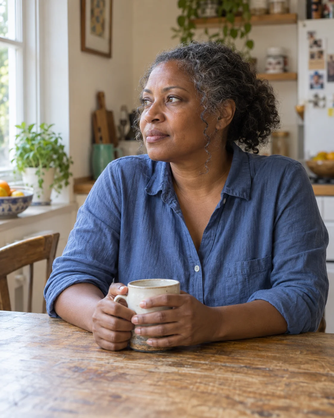 A woman with graying natural curls pauses at her kitchen table, holding a mug in both hands.