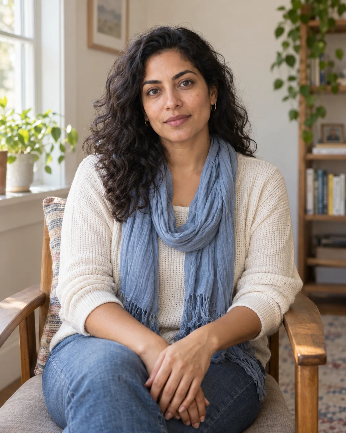 An adult woman sits comfortably with her hands resting in her lap, looking attentive and composed.